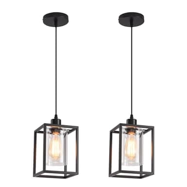 Black Pendant Lights for Kitchen Island Industrial Lantern Pendant Light Fixtures with Clear Glass Shade, Farmhouse Adjustable Height Hanging Pendant Lighting