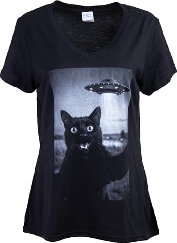 Cat Selfie with Alien UFO Funny Cat Gifts for Women, Graphic Meme Cat Shirts for Women- (Vneck,L)