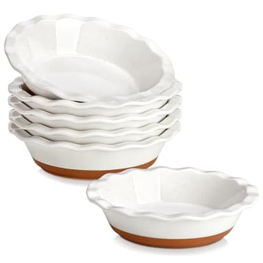 MALACASA Ceramic Mini Pie Pans Set of 6, 6 Inch Pie Plates for Baking with Ruffled Edge, Small Quiche Baking Dish Pans Tart Pans, Individual Pot Pie Plates, Microwave & Oven Safe, Khaki White