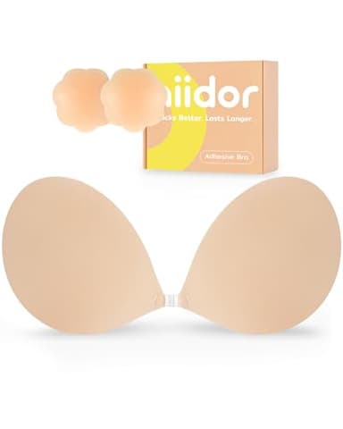 Niidor Adhesive Bra Strapless Sticky Invisible Push up Silicone Bra for Backless Dress with Nipple Covers Nude(B Cup)