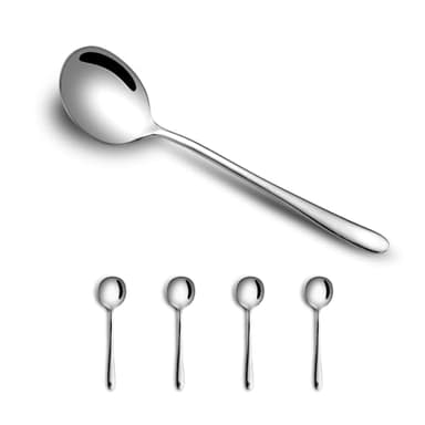 4-Piece Round Stainless Steel Bouillon Spoon Soup Spoons, Stainless Steel Large Round, Heavy-Weight Deep Bowl Spoon Set, Dinner Spoons for Soup Grain Dessert Milk, Dishwasher Safe