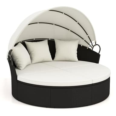 RELAX4LIFE Round Outdoor Daybed with Canopy - Wicker Rattan Sectional Sofa Sunbed w/Cushions & 3 Pillows, Clamshell Conversation Lounger Separated Seating Set for Garden Porch, Patio Day Bed (Beige)