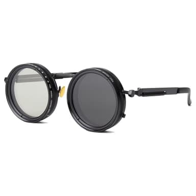 OUANGANC Adjustable Tint Sunglasses, 9 Gears Manual Dimming, Men's Sunglasses, UV Protection, Steampunk Round Frame, Universal for mountaineering & Fishing (Black Frame - Black Gray Lenses)