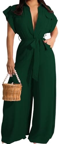 PaladMom Green Sexy Button Down Jumpsuits for Work Dressy Casual Short Sleeve Loose Clubwear Wide Leg Long Pants Romper with Belt Pockets(Green,Medium)