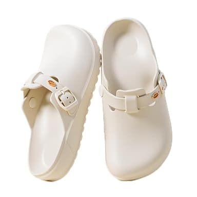 Nurse Shoes for Women and Men, Arch Support Non Slip Garden Clogs, Adjustable Buckle Mules Work Chef Sandals, Slip-On Cushion Slide Slippers (Beige White, Adult, Women, 7, Numeric, US Footwear Size System, Medium)