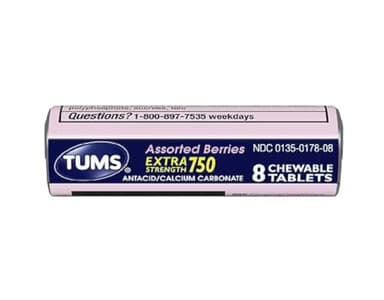 Tums Extra Strength 750 Antacid with Calcium Supplement Calcium Rich Assorted Berries Flavored - 24 Pocket Size Rolls of 8 Chewable Tablets Each Roll (192 Chewable Tablets Total)