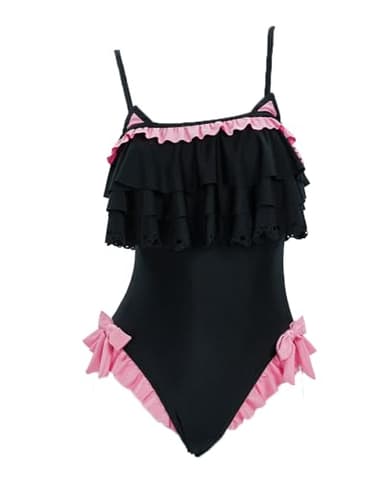 haikyuu Women Goth Cat Swimsuit Ruffle Flounce One Piece Swimsuit Tummy Control Bathing Suit (US, Alpha, X-Large, Regular, Regular, Black)