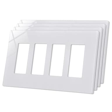 CML 4-Gang Decorator Screwless Wall Plates, 4 Pack Mid-Size Quad Outlet Covers for Electrical Outlets and Switches, Midway Size 4.88" x 8.58", Gloss White