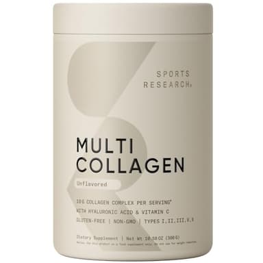 Sports Research Multi Collagen Protein Powder (Type I, II, III, V, X) with Hyaluronic Acid + Vitamin C | 5 Types of Food Based Collagen, 30 Servings (Unflavored)