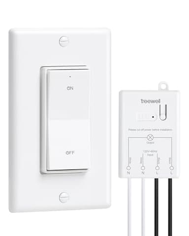 TREEWELL Wireless Light Switch and Receiver Kit, Decorator Rocker Wall Switch, 200FT Long Range RF Remote Control, No in-Wall Wiring Required, Programmable & Expandable for Ceiling Light, Fans, Lamps