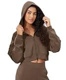 ODODOS Women's Modal Soft Full-Zip Cropped Hoodies with Pockets Long Sleeve Crop Casual Sweatshirts, Nutria, Medium