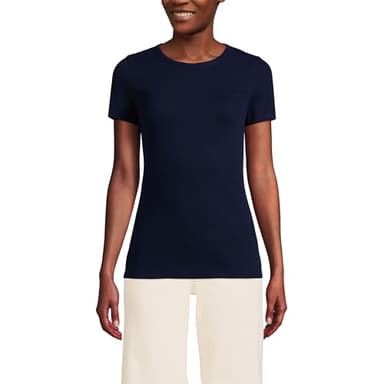 Lands' End Womens Short Sleeve Micro Rib Crew Deep Sea Navy Petite Large
