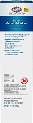 CloroxPro Healthcare Bleach Germicidal Wipes, Healthcare Cleaning and Industrial Cleaning, Clorox Wipes, 50 Count Individually Wrapped Wipes - 31424