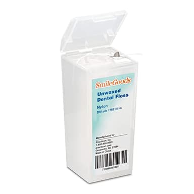 Practicon SmileGoods Unwaxed 200 Yard Dental Floss, Shred Resistant Nylon, Noncoated, Wax Less, Wax Free Floss, 1 Pack