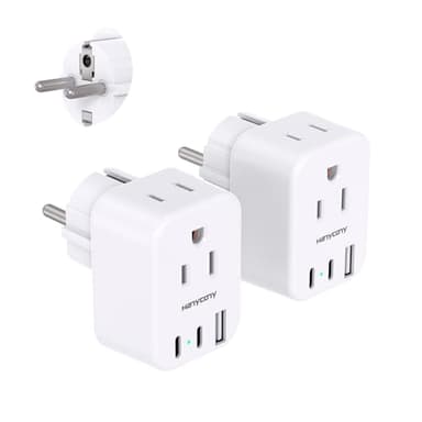 Type E F Plug Adapter, HANYCONY Germany France Travel Plug Adapter with 2 Outlets 3 USB Ports(2 USB C)，Schuko Power Adaptor for US to Europe EU Spain Korea Greece Norway German French 2 Pack
