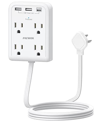 Surge Protector Power Strip, Outlet Extender Stick with USB C Ports, 4 Outlet 3 USB, 4 FT Extension Cord Flat Wall Plug, Home Office Dorm Room Essentials, White
