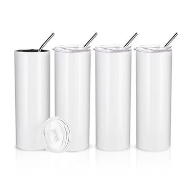 PYD Life Sublimation Blanks Skinny Tumbler White 20 OZ Straight Stainless Steel with Metal Straw for Mug Tumbler Heat Press Machine Sublimation Printing 4 Pack