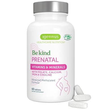Igennus Methylated Prenatal Multivitamin for Women, Folate for MTHFR, High Absorption, Pure & Clean, Gentle Iron, Choline, Calcium & Magnesium, Vegan Pregnancy Vitamins, Halal, Non-GMO, 60 Tablets