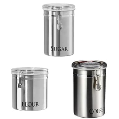 Oggi Stainless Steel Sugar Canister 62 fl oz & Jumbo 8" Stainless Steel Flour Clamp Canister & Stainless Steel Coffee Canister 62 fl oz