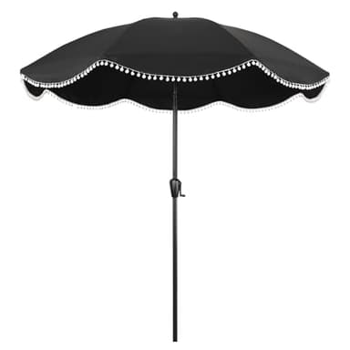 9' Patio Umbrella with Black Canopy and White Fringe Accents, Black Frame Market Umbrella for Patio, Deck, and Backyard by Sun-Ray