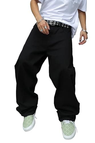 MZNBURAM Men's Non-Stretch Loose Fit Wide-Leg Baggy Jeans Pants (34, A#Black)