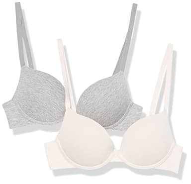 Amazon Essentials Women's Underwire Push-Up Padded Cotton Bra, Supportive, Pack of 2, Grey Heather/Pearl, (34) A