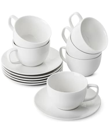 BTaT- Cappuccino Cups with Saucers 7 oz, Set of 6, White Porcelain Coffee Cup and Saucer Set for Latte, Mocha, Tea, Au Lait, Flat White, Dishwasher, Microwave, Freezer and Oven Safe, Mothers Day Gift