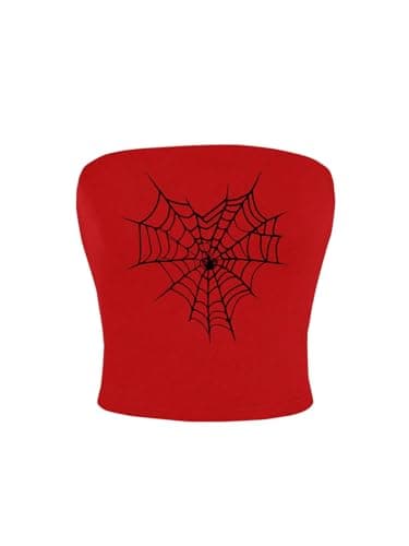 WDIRARA Women's Spiderweb Tube Top Y2k Strapless Graphic Crop Bandeau Tops Red Large