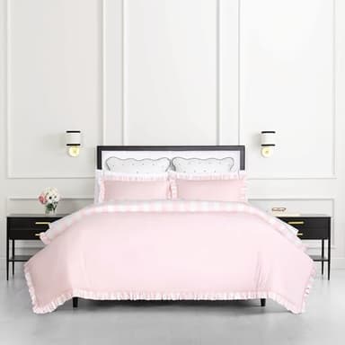 kate spade new york Sateen Ruffle Full/Queen Comforter Set, 300 Thread Count Cotton Sateen Reversible Cover, All Season 3 Piece Bedding, Machine Washable, Pink
