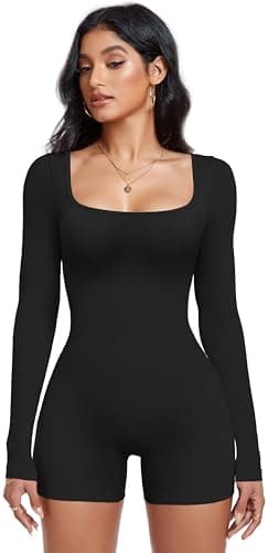 OLCHEE Women's Long Sleeve Workout Romper Sexy Square Neck Backless Jumpsuit Shorts Seamless Ribbed Slim Fit Tummy Control - Black Medium