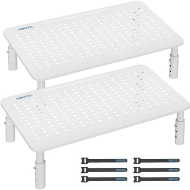 BONTEC Monitor Stand 2 Pack Height Adjustable Metal Riser with Pen Holder, White, 14.5” x 9.1”, Ergonomic Desktop Stand for Computer, Printer, Laptop, Adjustable Desk Riser with Cable Management