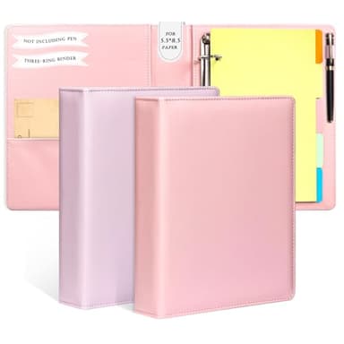2 Pack Mini Size 3 Ring Binder 1 Inch Rings 5 Colors Dividers Pu Leather Binders 5.5" X 8.5" Holds 200 Sheets Paper Three Ring Binder DRing with Pen Loop 1 Pockets School Office (Purple&Pink)