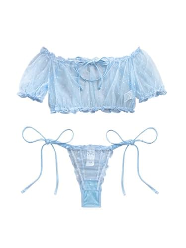 Lilosy Sexy Stretch Ruffle Tie Sheer Mesh Lingerie Set Outfits 2 Piece Women Kawaii Cute See Through Matching Bra Panty Underwear Polka Dot Light Blue Medium