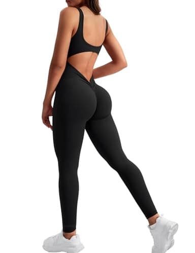 YEOREO Sleeveless Jumpsuits for Women Sexy Backless Gym Bodycon Lizvette V Back Scrunch Butt Rompers Black M