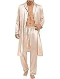 SWOMOG Men's Satin Robes with Pants Set Long Sleve Silky Kimono Bathrobe Lightweight Sleepwear