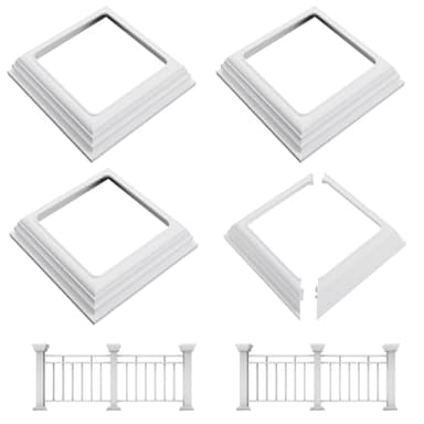 4 Pack 4x4 Vinyl Fence Post Skirt, Split Style Post Sleeve PVC Base Cover Repair Trim Ring, Snap-Together Slide-on Install Skirt Railing, Moisture-Proof UV-Proof Porch Hand Stair Rail (4“ x 4" ONLY)