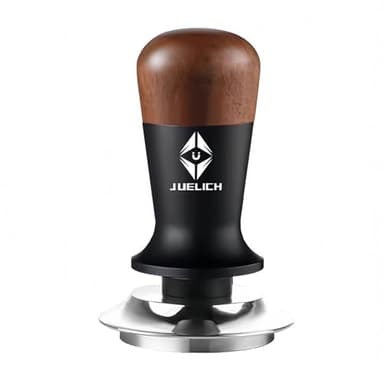 JUELICH 58mm Espresso Tamper with Wooden Handle – Spring-Loaded Coffee Distributor for Even Coffee Grounds – Barista Hand Tool, Stainless Steel Coffee Leveling Tool, Classic Coffee Accessories (58mm)