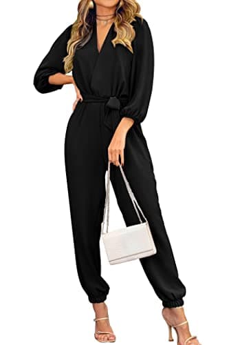 PRETTYGARDEN Women's Spring Fall Jumpsuits Casual Dressy One Piece Outfits V Neck Long Sleeve Belt Pockets Long Pants Romper (Black,Large)