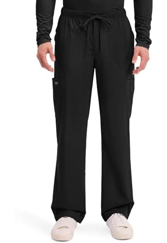 Cherokee Scrubs for Men Tapered Leg Cargo Scrub Pants with Zip Fly, 5 Pockets Elastic Waist 2-Way Stretch & Easy Care - WW190, L, Black