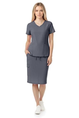 MediChic Women’s Premium Medical Uniform Skirt Set – V-Neck Scrub Top & Scrub Skirt, Soft Stretch Fabric, 4-Way Stretch, Lightweight Nursing Scrubs with 6 Pockets