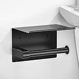 ASTOFLI Black Toilet Paper Holder with Shelf: Self Adhesive Toilet Paper Holder with Phone Shelf - No Drill Stainless Steel Toilet Paper Holders Wall Mount - Wall Mounted Tissue Roll Holder