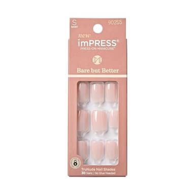 KISS Impress Bare but Better No Glue Mani 30 Pcs Press on Nails, Light Pink Squoval Shape, Simple Peel & Press Easy Apply, Hassle-Free Removal