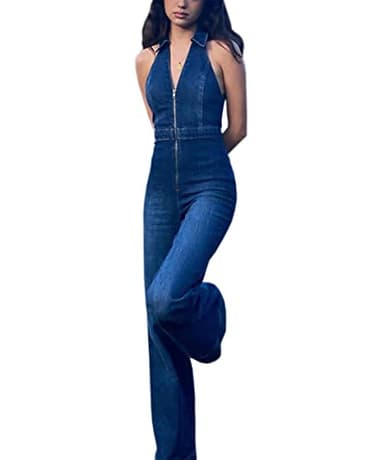 Glkaend Denim Jumpsuit for Women Sexy Slim Fit Zipper Sleeveless V-Neck High Waist Fashion Jean Pants Rompers,Blue,S
