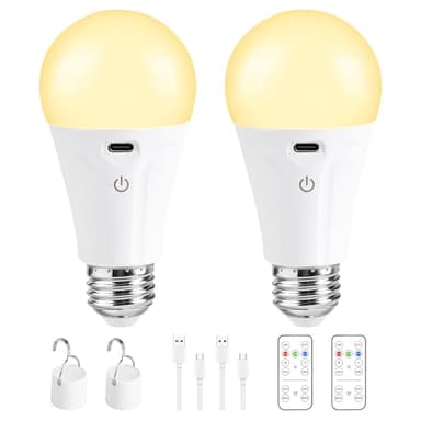 Powfloven Rechargeable Light Bulbs with Remote Control and USB Charging; Dimmable Battery Operated Light Bulb with 3 Colors and 4 Timer; A19 Wireless Light Bulbs for Wall Sconce Not-Hardwired, 2 Pack