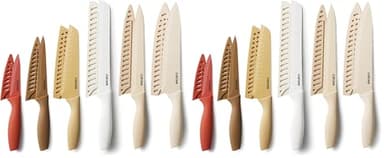 CAROTE Knife Set, 12 Pieces Kitchen Knife Set, 6 Stainless Steel Knives with Blade Guards & Nonstick Ceramic Coating, Rustproof, Color-Coded, Ergonomic Handles (Pack of 2)