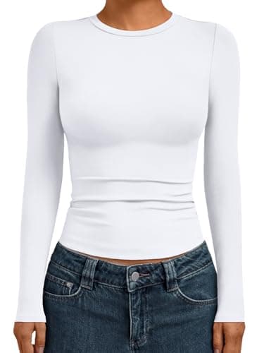 AUTOMET Womens Long Sleeve Shirts Basic Compression Tops Slim Fit Crew Neck Layering Underscrubs Y2K Going Out Clothes White L