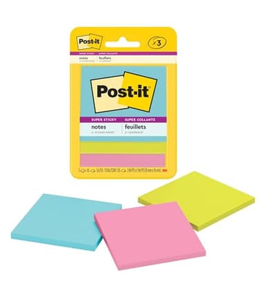 Post-it Super Sticky Notes, 3 Sticky Note Pads, 3 x 3 in., School Supplies, Office Products, Sticky Notes for Vertical Surfaces, Monitors, Walls and Windows, Supernova Neons Collection