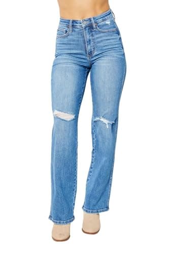 Judy Blue Women's High-Rise Tummy Control Destroyed Knee Straight Jeans 82343 (Medium Blue, 15)