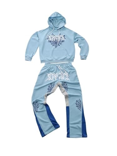 VIPWOLF Men's 2 Piece Sweatsuit Long Sleeve Star Hoodie Pullover and Y2K Stacked Sweatpants Sets Light Blue Large