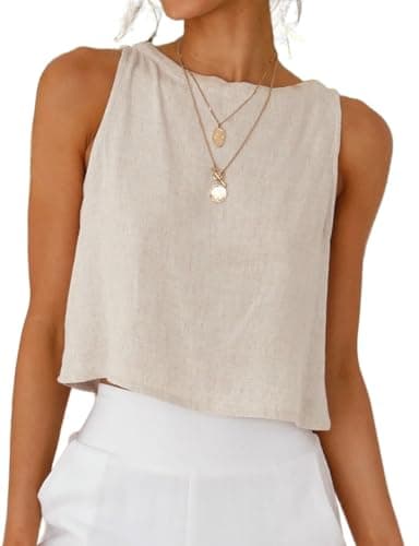 IDEALSANXUN Crop Tops for Women 2026 Spring Summer Flowy Cropped Sleeveless Cotton Linen Cute Tops, Beige, S